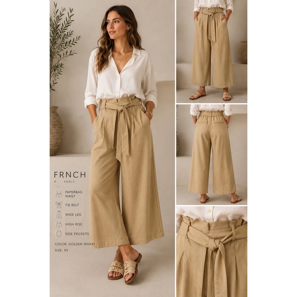 FRNCH Paris XS Paperbag Waist Wide Leg Culotte Pants Beige Tie Belt High Rise